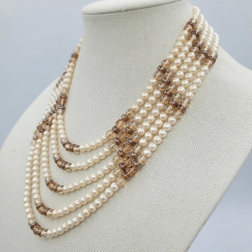Vintage Necklace Faux Pearl Crystal Necklace #749